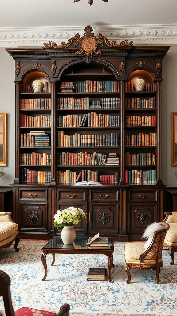 Ein kunstvoll verziertes Bücherregal aus dunklem Holz mit klassischen Büchern und dekorativen Vasen.