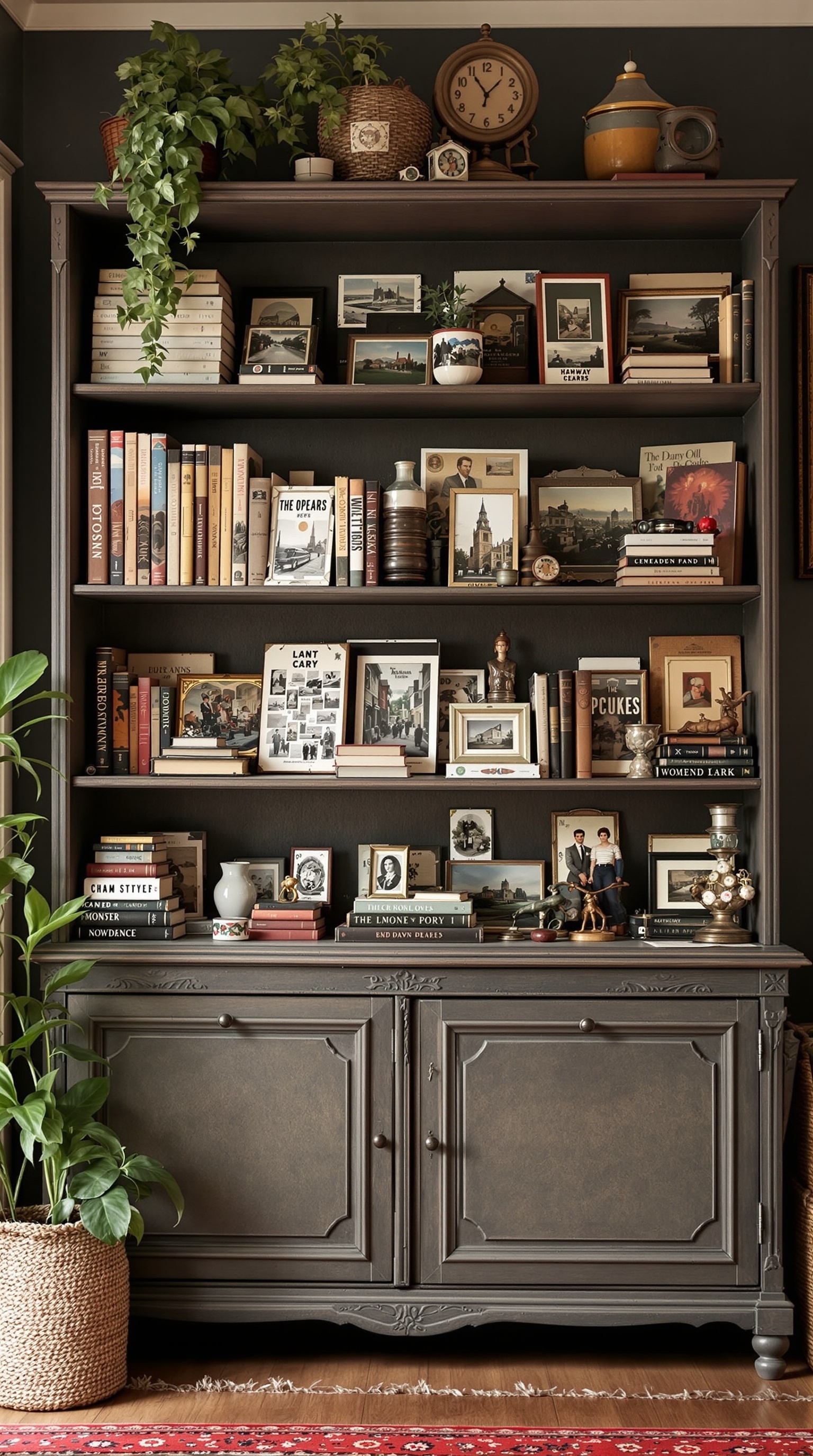 Ein gemütliches Wohnzimmer mit einem großen Bücherregal voller bunter Bücher und nostalgischen Postkarten, einem Sofa und zwei Sessel.