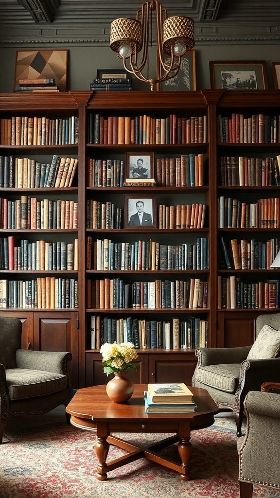 Ein klassisches Bücherregal mit persönlichen Fotografien, umgeben von gemütlichen Sesseln und einem kleinen Tisch.