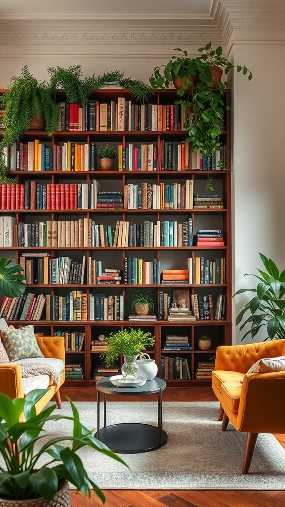 Ein Bücherregal mit Pflanzen, gemütlichen Sesseln und einem Tisch in einem Wohnzimmer.