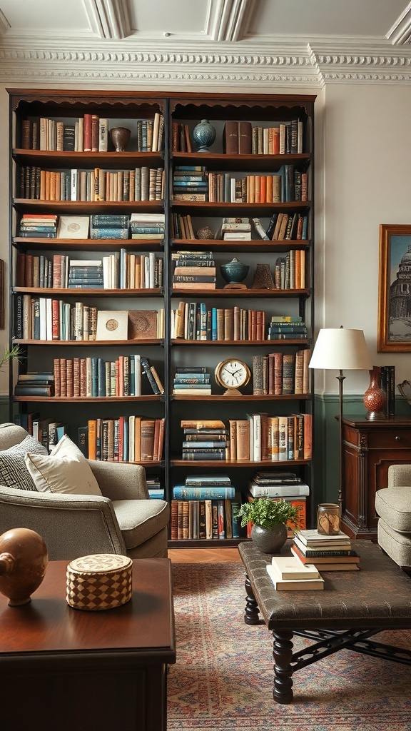 Ein rustikales Bücherregal aus Holz mit Eisenbeschlägen, gefüllt mit einer Vielzahl von Büchern in einem gemütlichen Wohnzimmer.