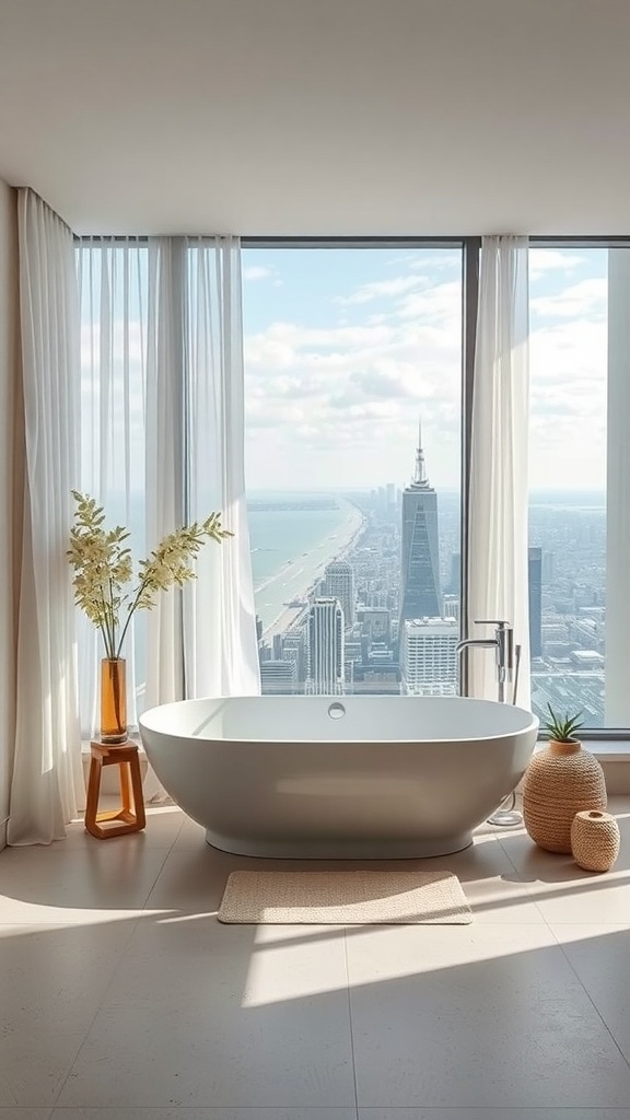 Modernes Badezimmer mit freistehender Badewanne und Blick auf die Stadt