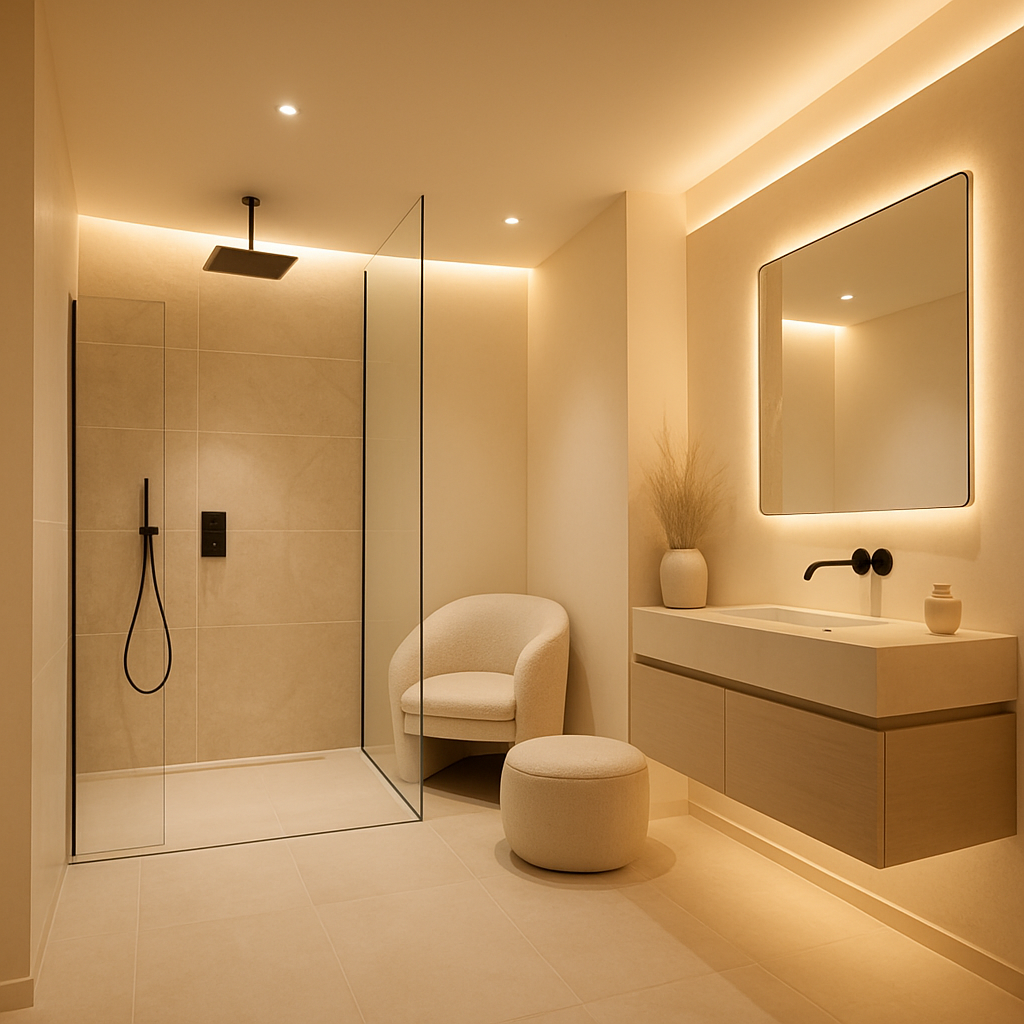 Modernes Badezimmer mit Akzentbeleuchtung, Walk-In-Dusche und gemütlichem Sessel