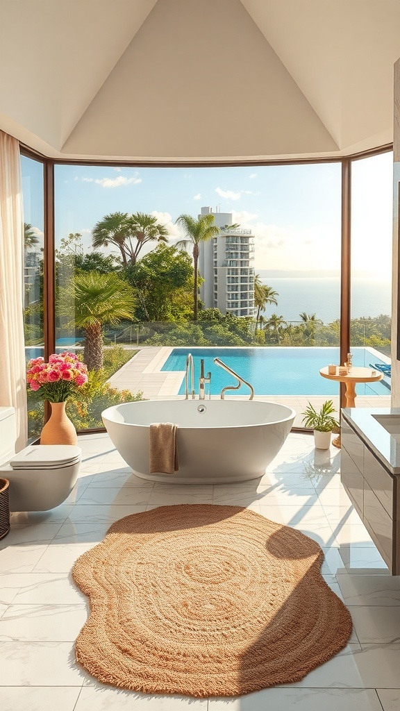 Luxus Badezimmer mit Blick auf die Natur und Pool