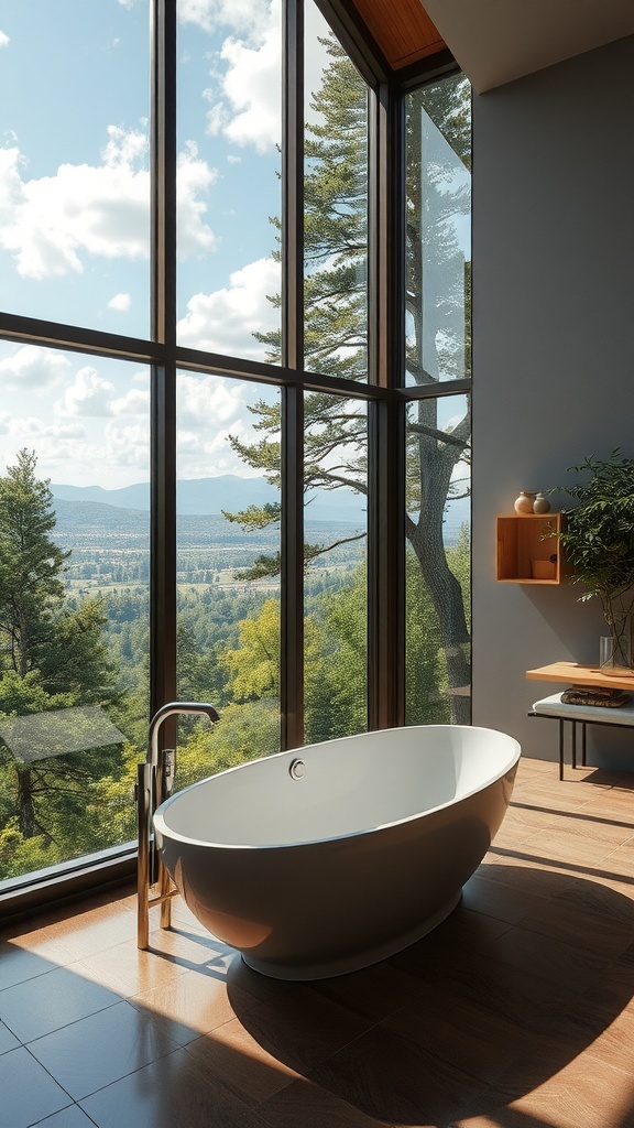 Modernes Badezimmer mit großen Fenstern und Blick auf die Natur