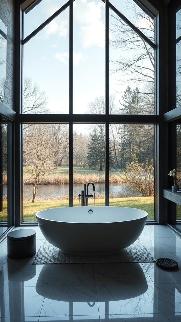 Modernes Badezimmer mit großen Fenstern und Blick auf die Natur