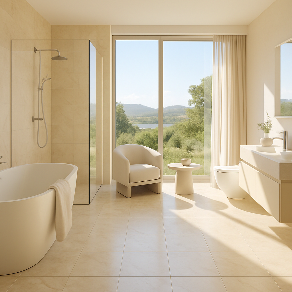 Modernes Badezimmer mit Blick auf die Natur, große Fenster, freistehende Badewanne und sanfte Farben.