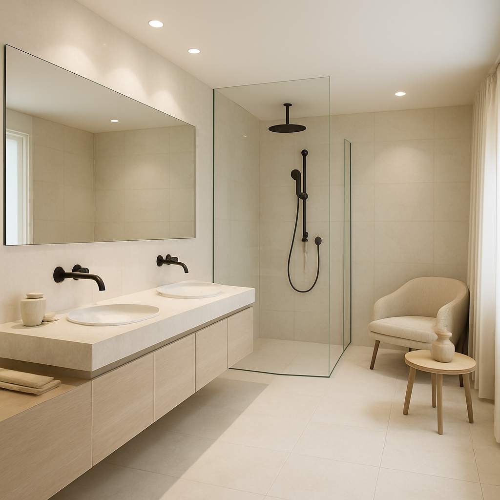Modernes Badezimmer mit Doppelwaschbecken und Dusche