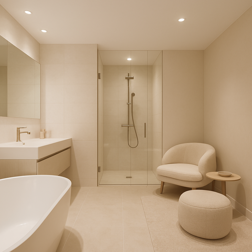Modernes Badezimmer mit neutralen Farben, Walk-In-Dusche und freistehender Badewanne