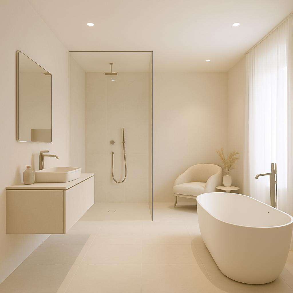 Modernes Badezimmer mit Walk-In-Dusche und freistehender Badewanne