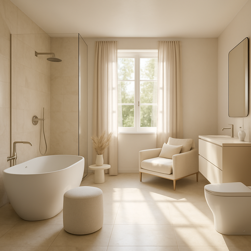 Ein modernes Badezimmer mit neutralen Farbtönen, einer Badewanne und einem Fenster mit natürlichem Licht.