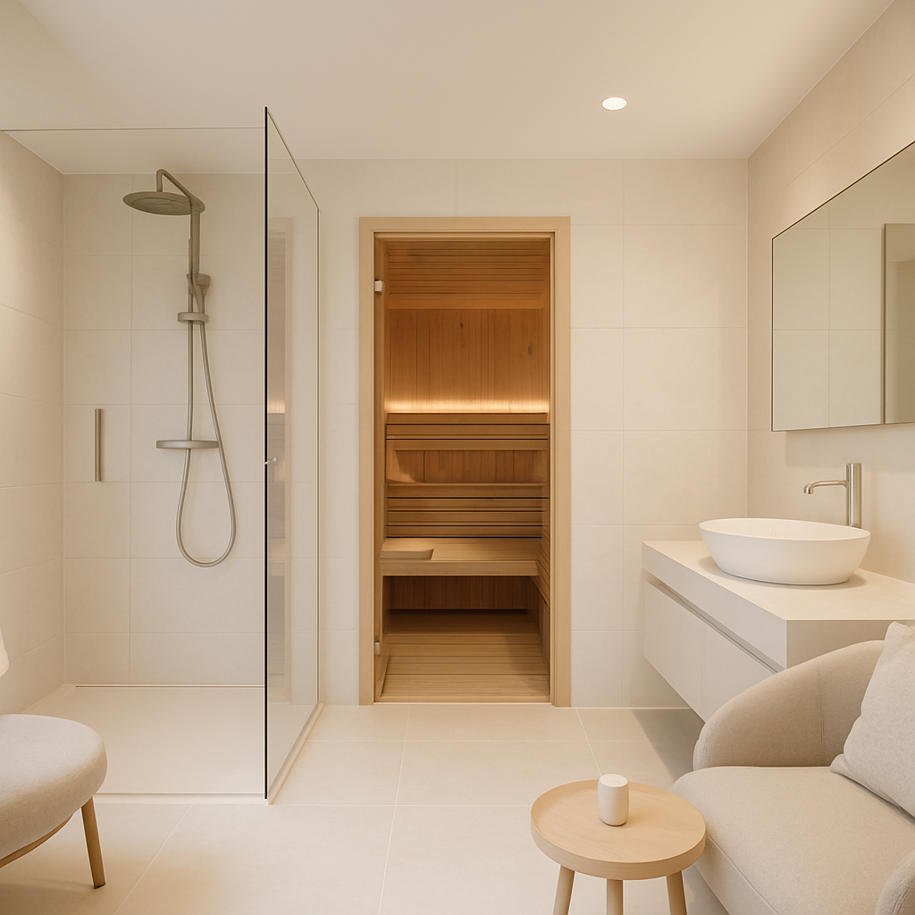 Modernes Badezimmer mit integrierter Sauna, Dusche und stilvollem Waschbecken