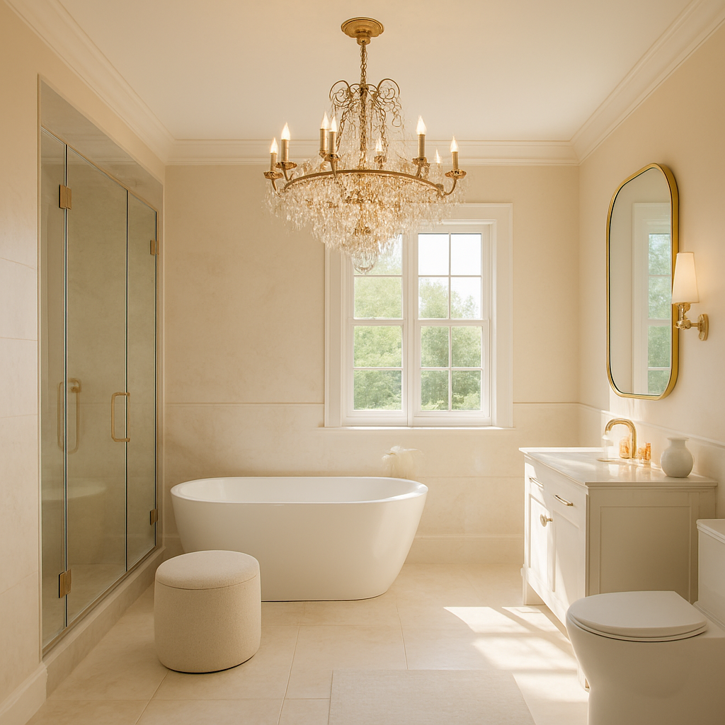 Luxuriöses Badezimmer mit freistehender Badewanne, Kronleuchter und großen Fenstern