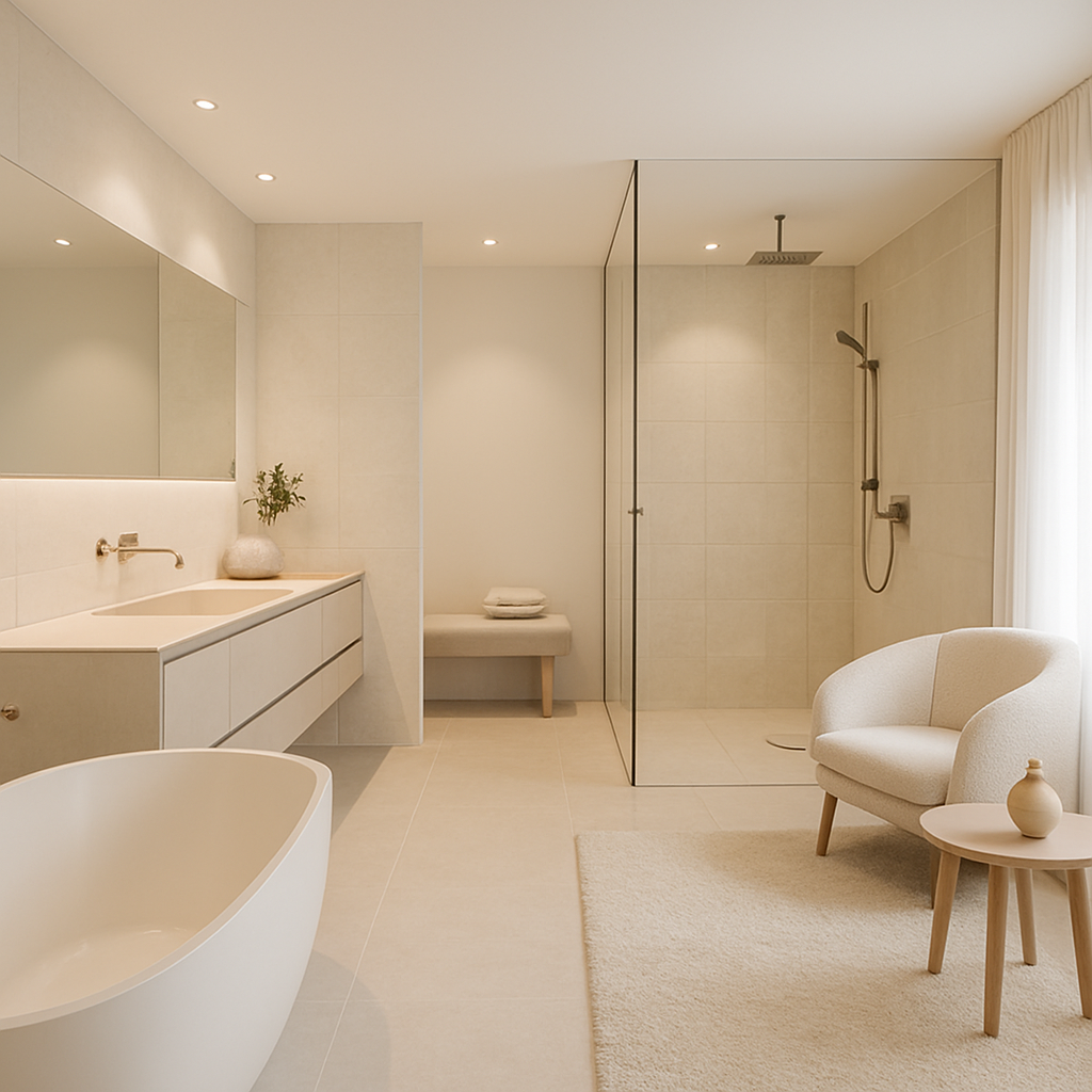 Modernes Badezimmer mit offener Raumgestaltung, freistehender Badewanne und Walk-In-Dusche