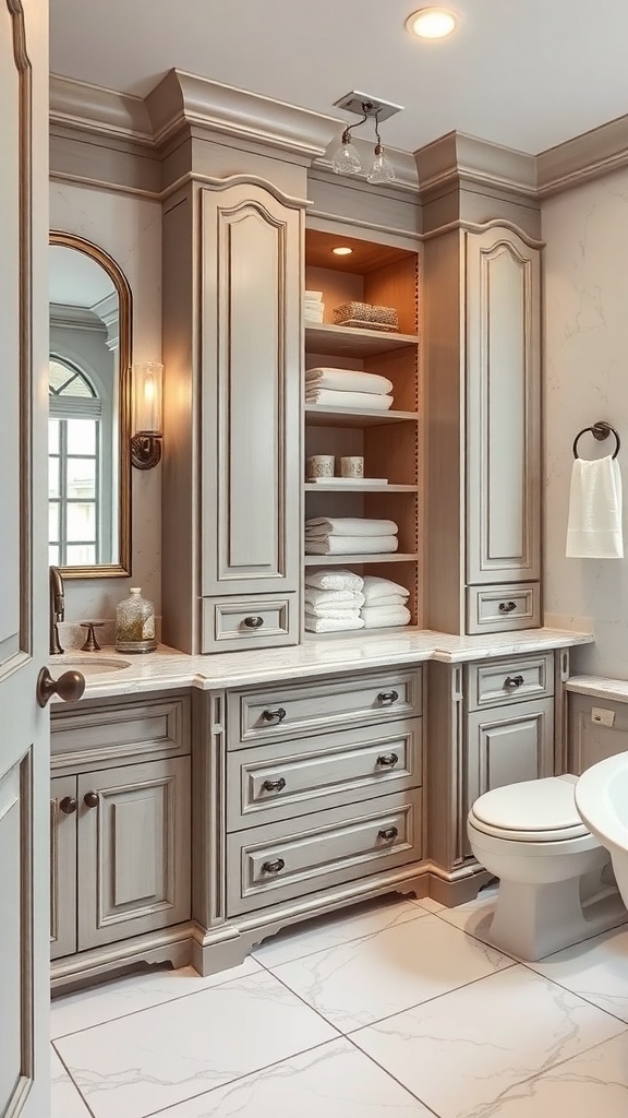 Modernes Badezimmer mit dunklen Möbeln, großen Spiegeln und freistehender Badewanne
