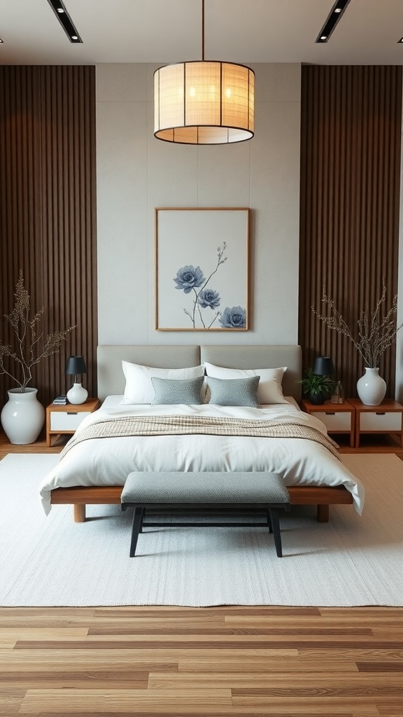 A cozy Japandi bedroom featuring a minimalist design with wooden accents, soft textiles, and a floral artwork.
