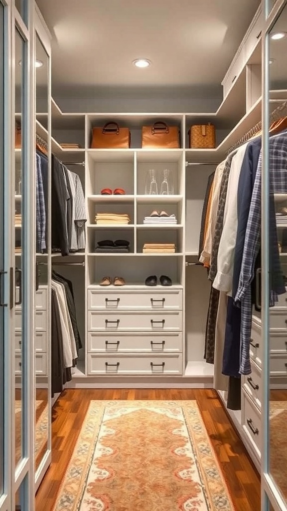 A well-organized walk-in closet featuring white cabinetry, mirrored doors, and a stylish rug.