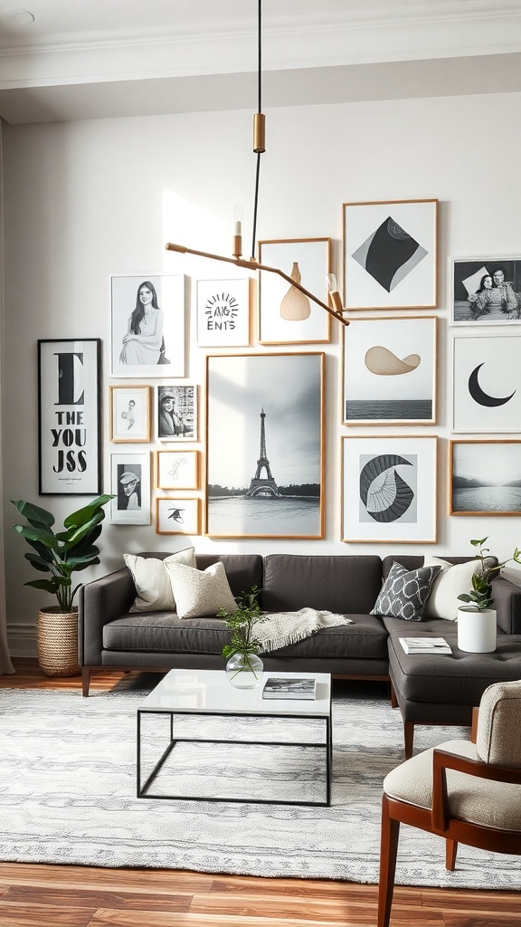 A stylish gallery wall featuring various art styles and frames in a modern living room.