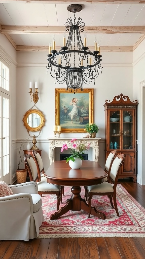 A cozy farmhouse dining area featuring a chandelier, wooden table, and elegant decor.