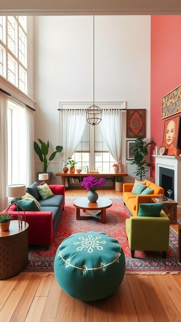 A cozy living room featuring colorful furniture, a patterned rug, and decorative plants.
