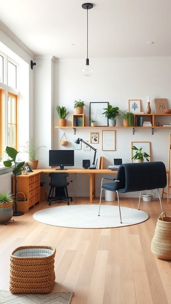 A minimalist Scandinavian home office with a wooden desk, black chair, plants, and natural light.