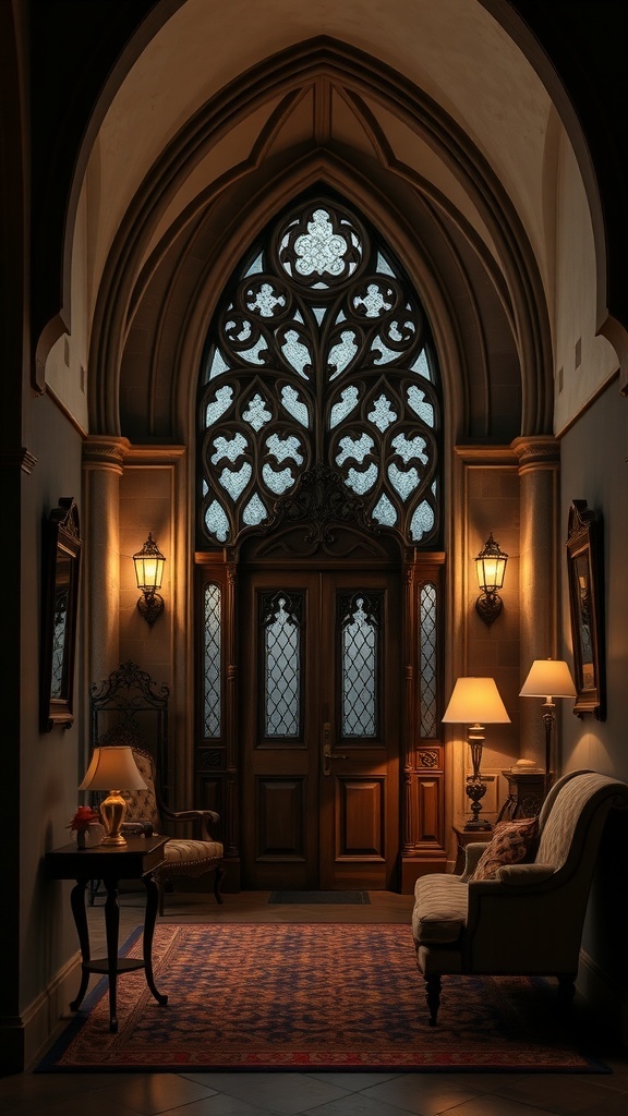 Ein eleganter Eingangsbereich im Western Gothic Stil mit gotischen Fenstern, dunklen Holzmöbeln und warmem Licht.