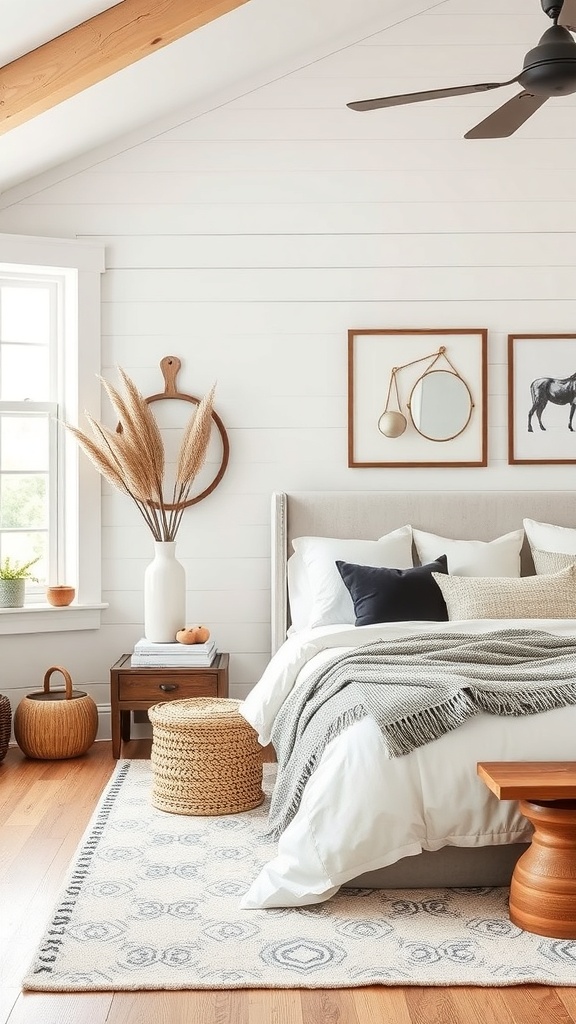 Minimalist farmhouse bedroom with modern and rustic decor elements.