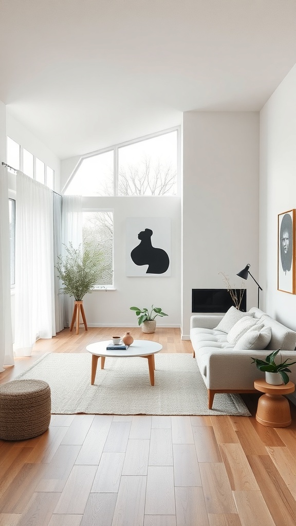 A modern Scandinavian living room with large windows, a light sofa, round coffee table, and traditional elements like a woven pouf and plants.