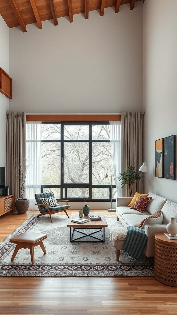 A spacious Japandi living room with high ceilings, large windows, and cozy furniture.