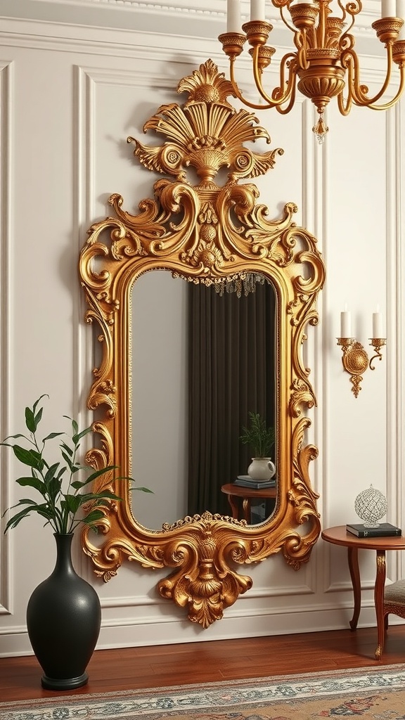 A grand Rococo-style gold mirror against a neutral wall, complemented by minimalistic decor.