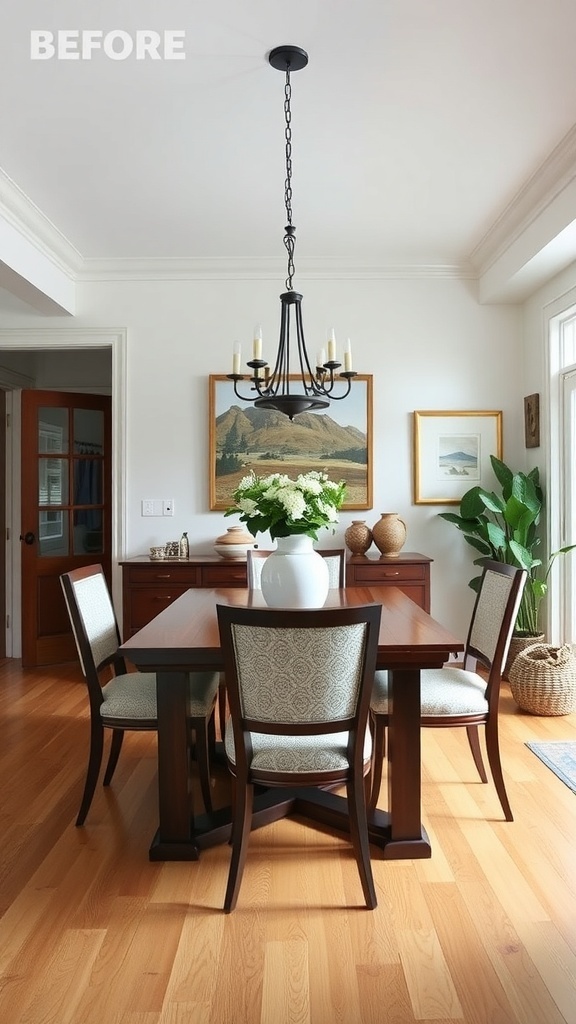Before image of a dining area with traditional furniture and decor.