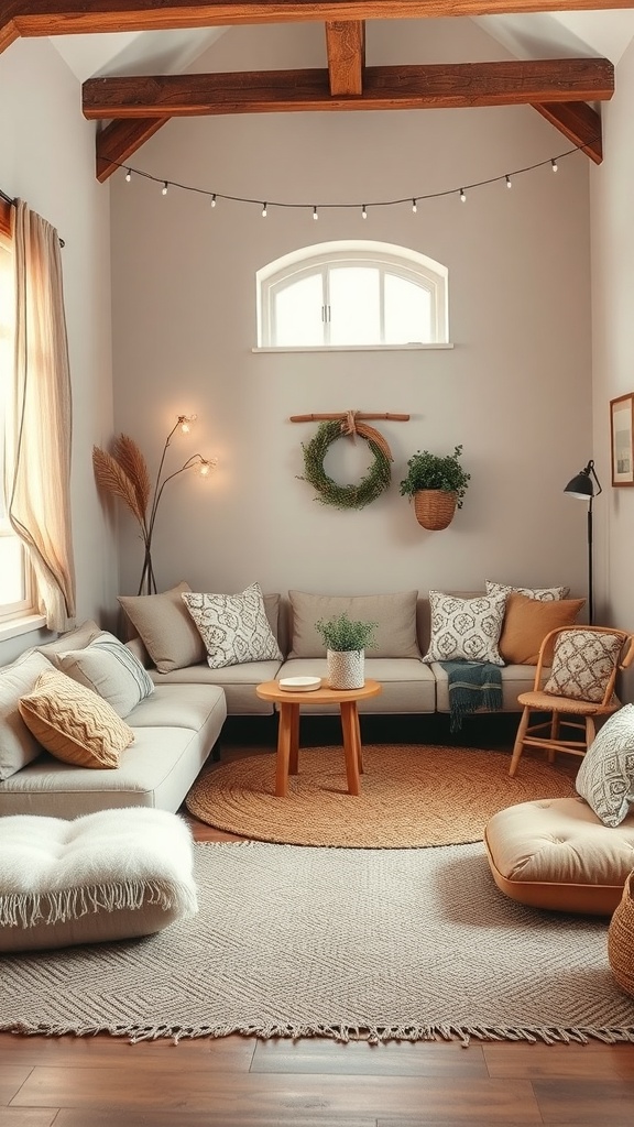 Cozy sunken lounge with cushions, rugs, and soft lighting