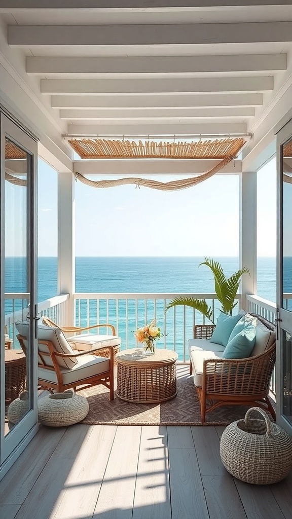A cozy balcony overlooking the ocean with comfortable seating and a small table.