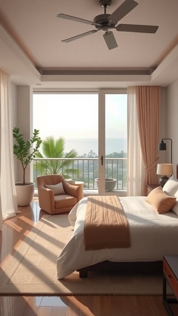 A modern bedroom with a balcony, featuring a cozy chair and plants, designed for relaxation.