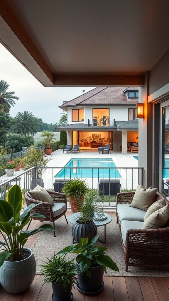 Gemütlicher Balkon mit Sitzmöbeln und Pflanzen, Blick auf den Garten und Pool.
