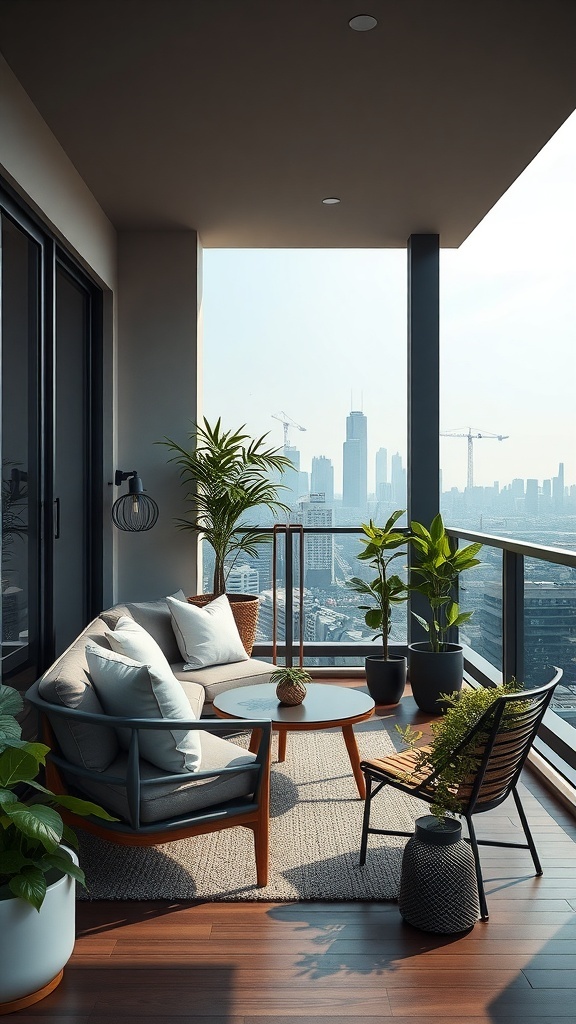 Stilvoller Balkon mit modernen Möbeln und Pflanzen, Blick auf die Stadt