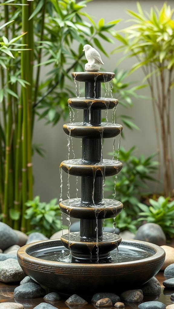 A bamboo-style indoor fountain with multiple tiers and a bird statue on top, surrounded by greenery and stones.