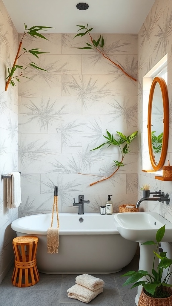 A stylish bathroom featuring bamboo accents and a modern bathtub.