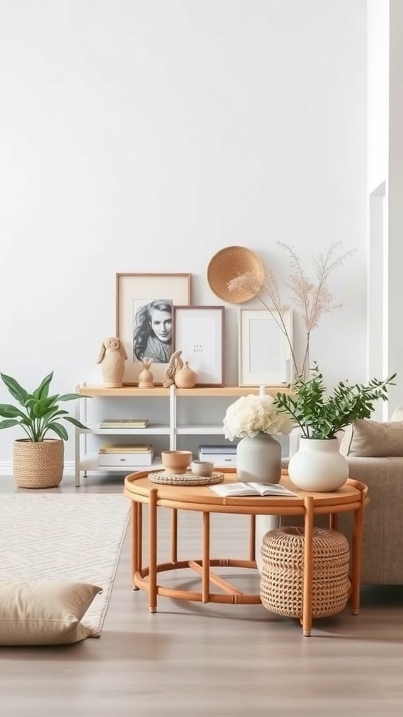 A cozy living room featuring bamboo accents, including a round coffee table, potted plants, and decorative items.