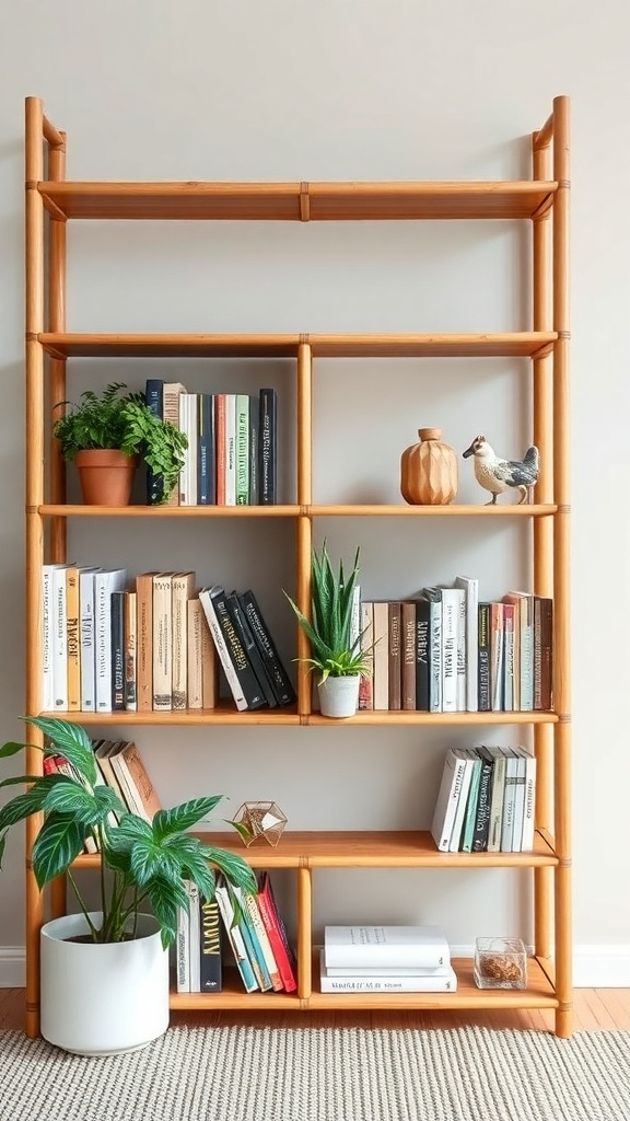 A bamboo bookshelf displaying books and plants, adding a natural touch to the room.