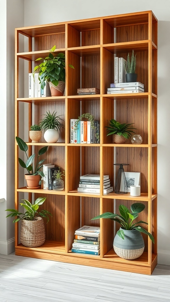 A stylish bamboo bookshelf filled with books and plants.