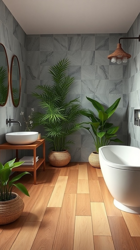 Stylish bathroom featuring bamboo flooring, plants, and modern fixtures.