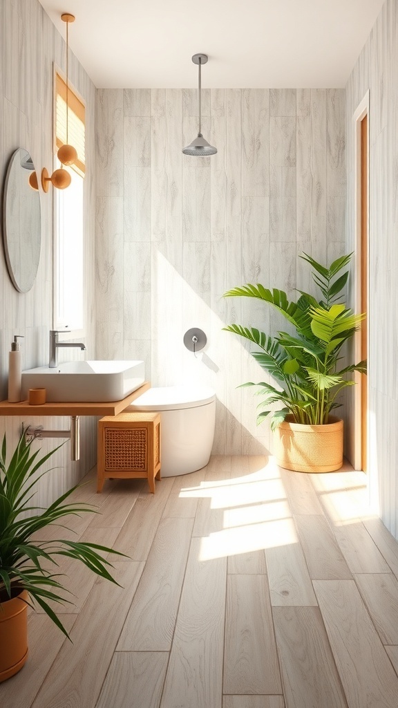 A bright bathroom featuring bamboo flooring, plants, and modern fixtures.