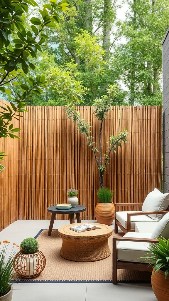 A minimalist patio featuring a bamboo privacy screen, comfortable seating, and decorative plants.