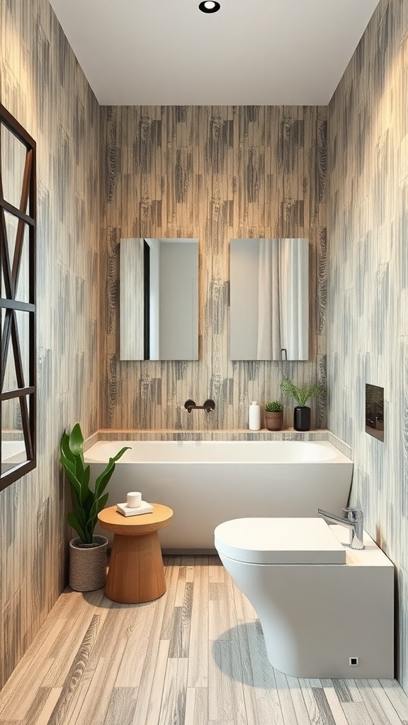 A stylish bathroom featuring bamboo tiles on the floor and walls, with a bathtub, mirrors, and plants.