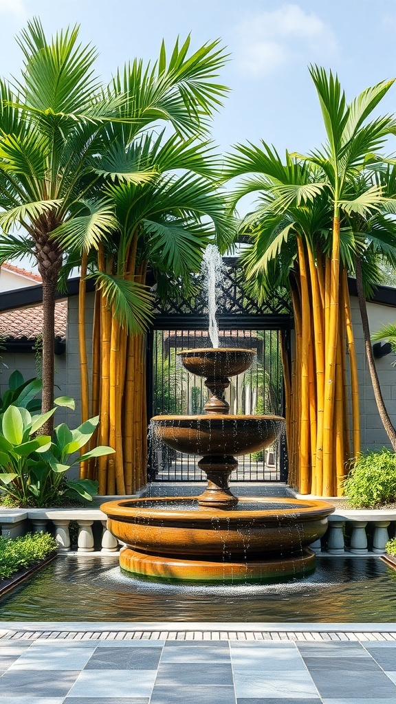 A beautiful bamboo water feature with a multi-tiered fountain surrounded by lush greenery and palm trees.