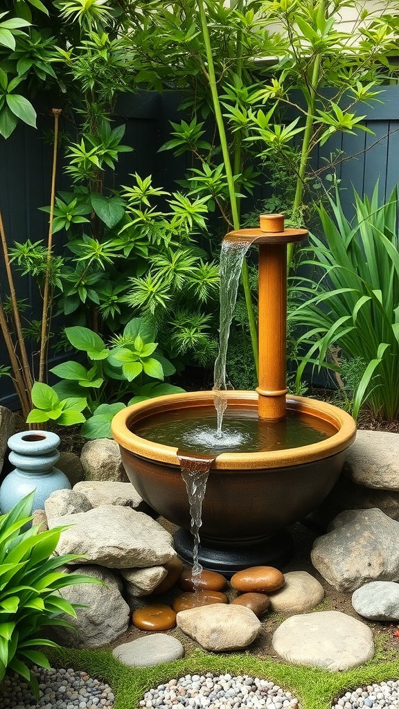 A bamboo water fountain surrounded by lush greenery and stones.