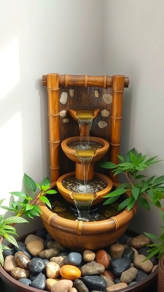 A bamboo water spout fountain with water flowing from bowls, surrounded by pebbles and green plants.