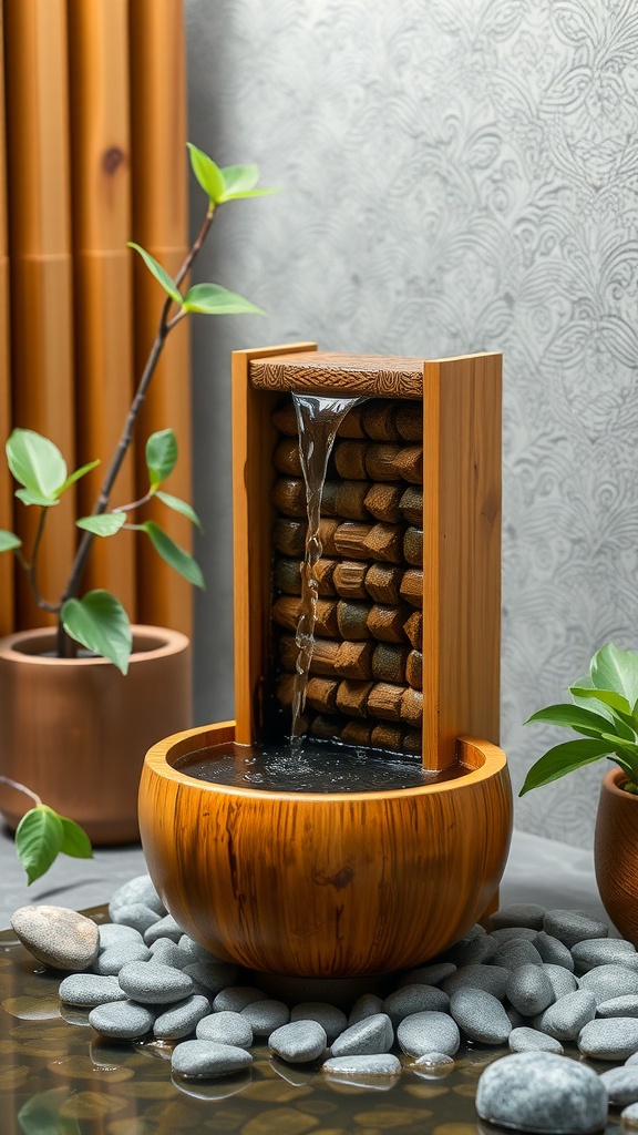 A bamboo water spout fountain with a round base, featuring flowing water and surrounded by pebbles and plants.