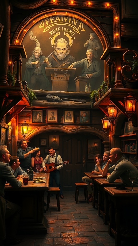 A cozy tavern scene with a bard playing guitar, surrounded by friends enjoying the music.